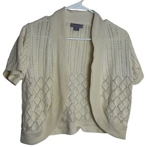 Laura Scott Cream Cropped Cardigan Sweater Short Sleeve Knit Diamond Cotton M